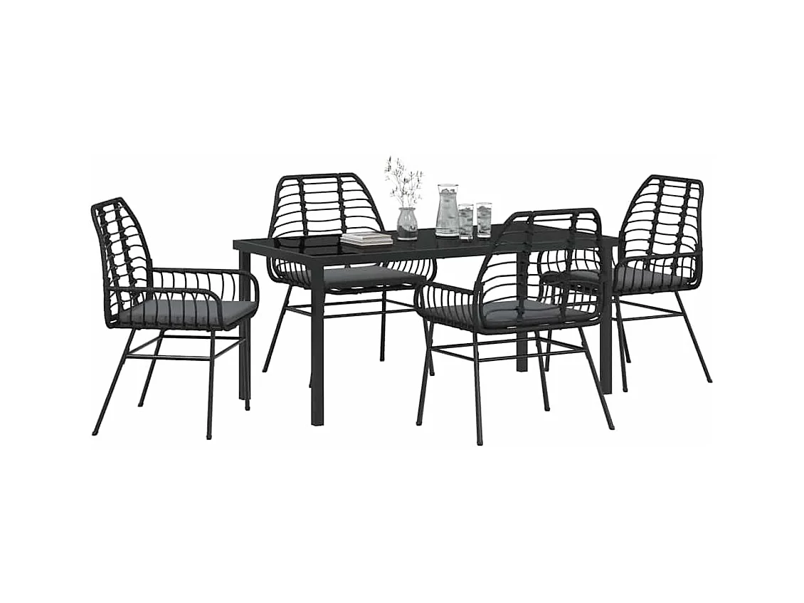 5-teiliges Garten-Ess-Set mit Kissen, schwarzes Polyrattan
