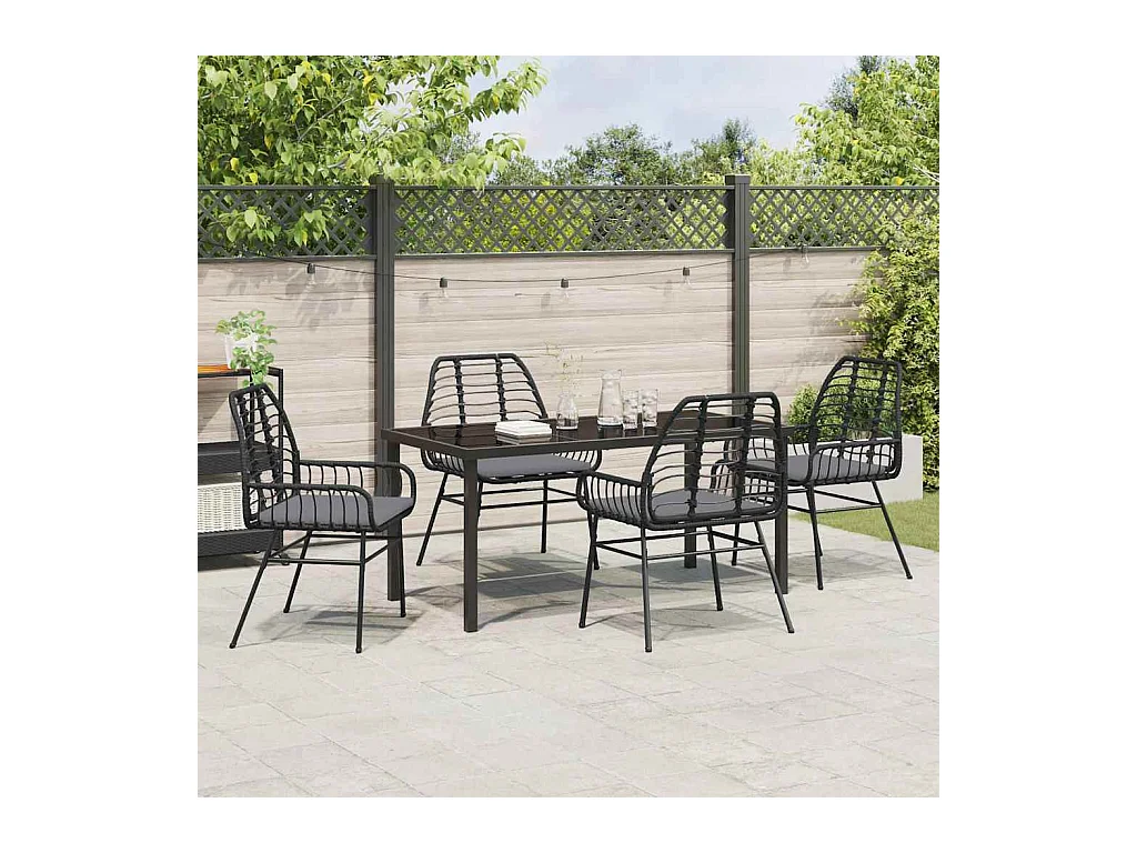 5-teiliges Garten-Ess-Set mit Kissen, schwarzes Polyrattan