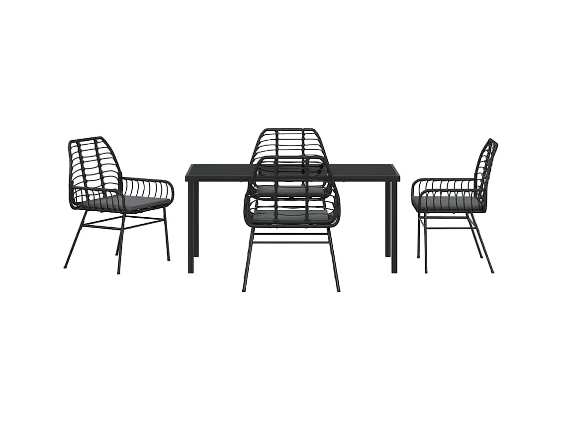 5-teiliges Garten-Ess-Set mit Kissen, schwarzes Polyrattan