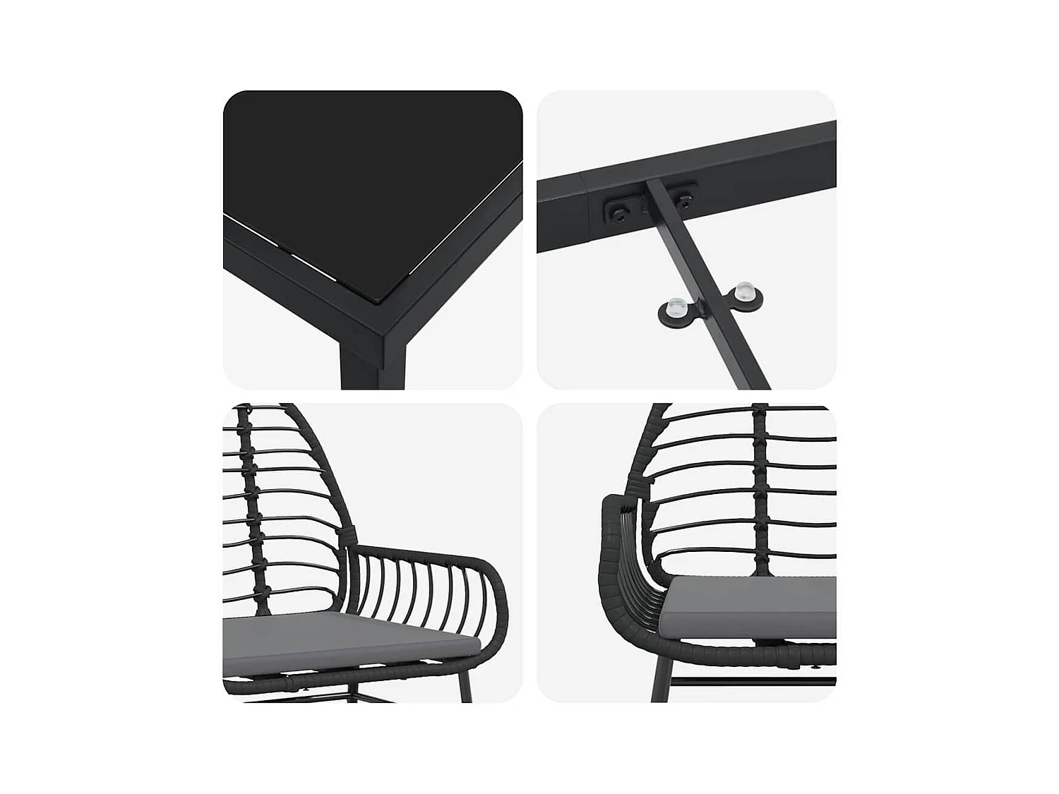 5-teiliges Garten-Ess-Set mit Kissen, schwarzes Polyrattan