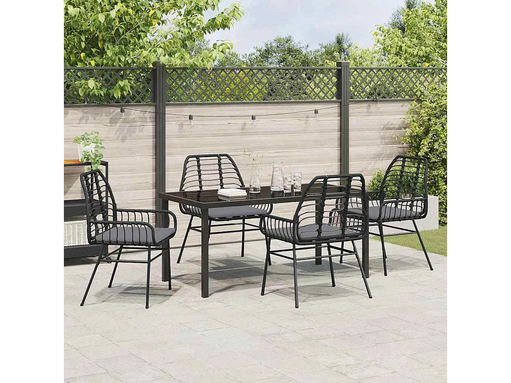 Ensemble de salle à manger de jardin 5 pièces avec coussins Noir Poly Rotin