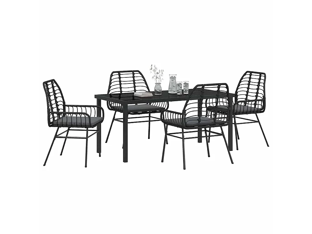 Juego de comedor de jardín de 5 piezas con cojines de ratán sintético negro