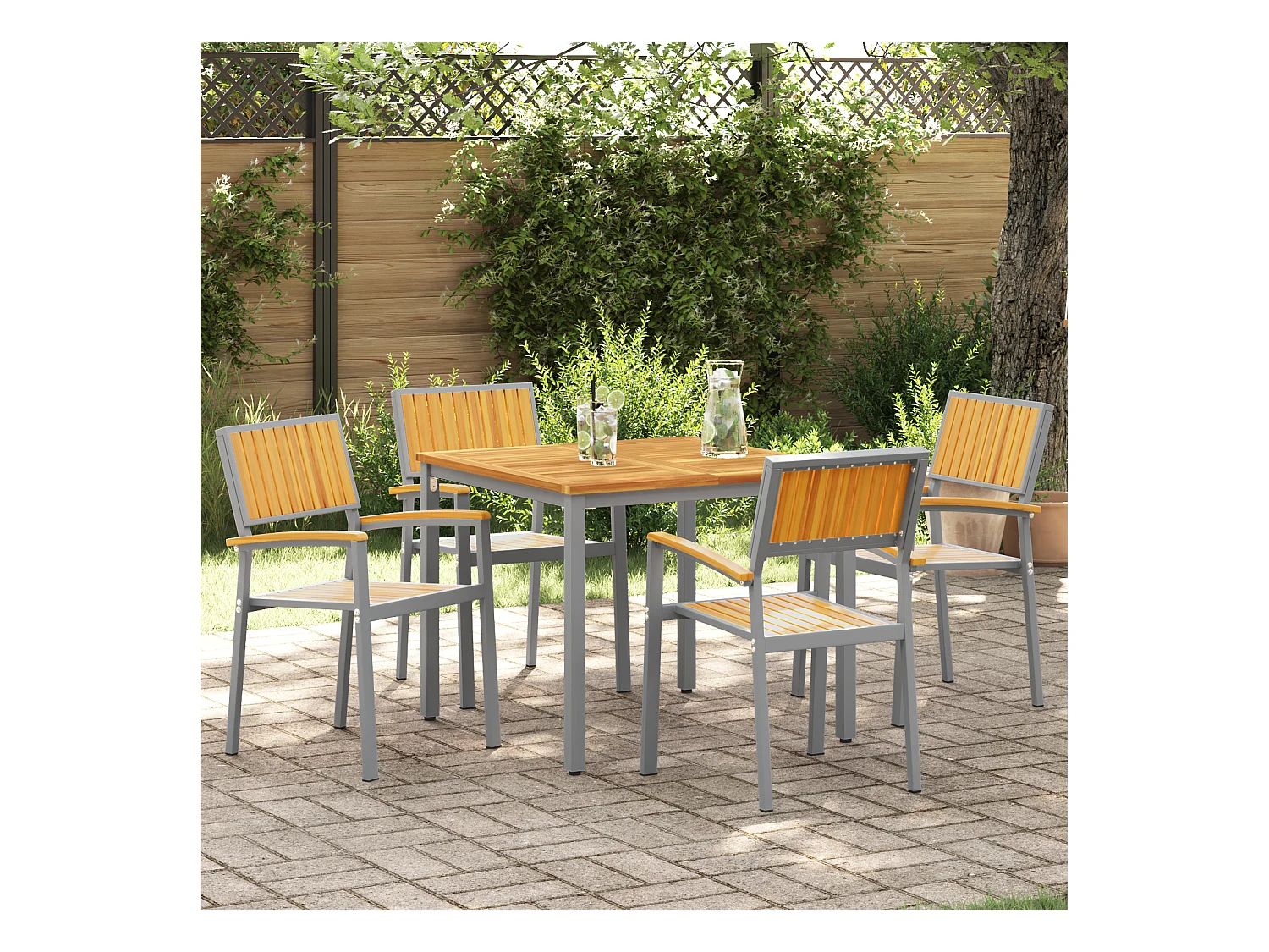 sedie da esterno impilabili in legno massello di acacia e metallo grigio