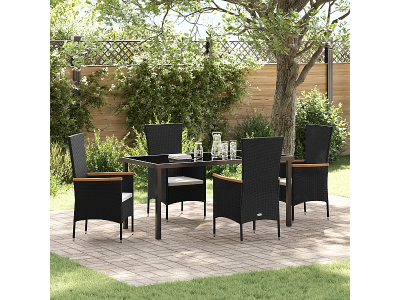 Ensemble de salle à manger de jardin 5 pièces avec coussins en poly rattan noir