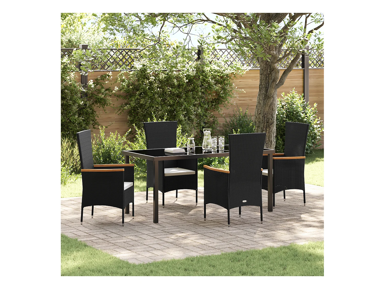 Ensemble de salle à manger de jardin 5 pièces avec coussins en poly rattan noir