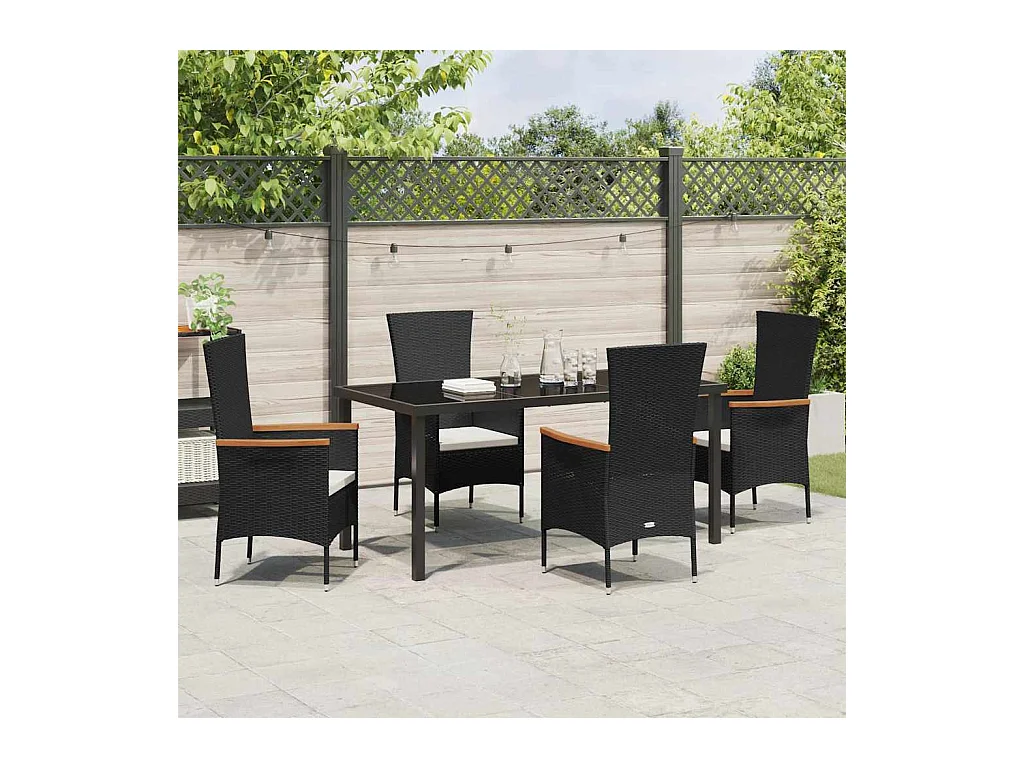 Ensemble de salle à manger de jardin 5 pièces avec coussins en poly rattan noir