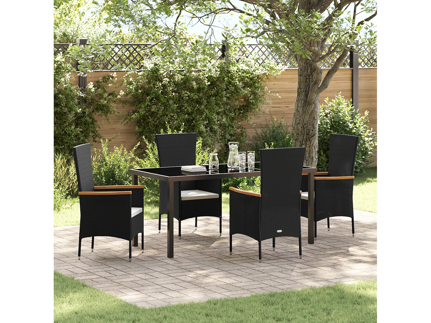 Ensemble de salle à manger de jardin 5 pièces avec coussins en poly rattan noir