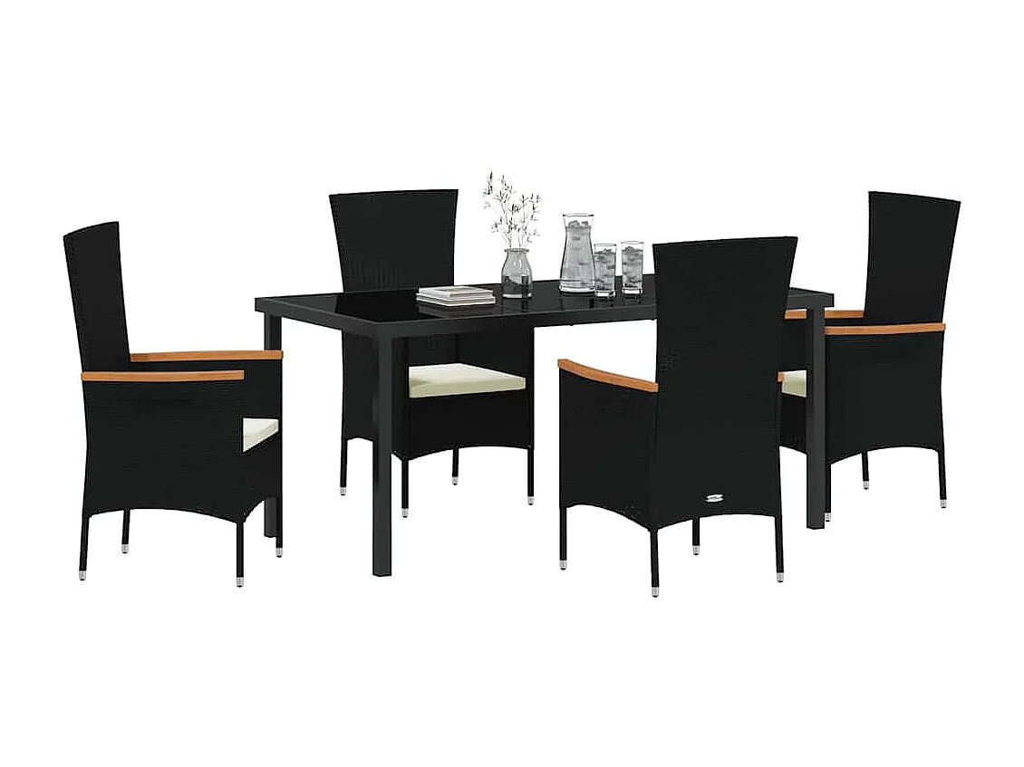 Ensemble de salle à manger de jardin 5 pièces avec coussins en poly rattan noir