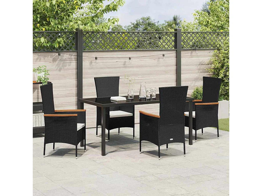 Ensemble de salle à manger de jardin 5 pièces avec coussins en poly rattan noir