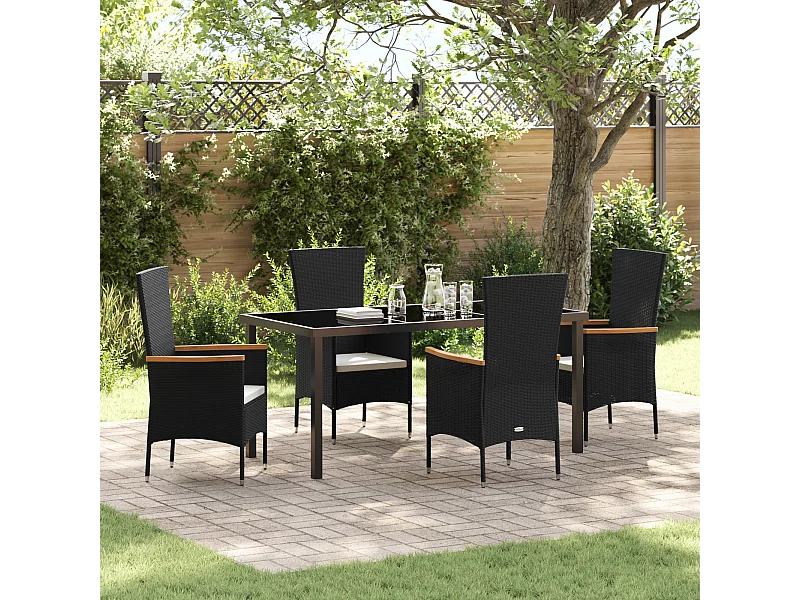 Ensemble de salle à manger de jardin 5 pièces avec coussins en poly rattan noir