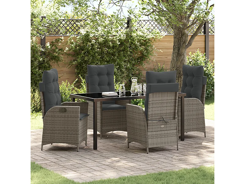 Set di 5 mobili da giardino con cuscini in polyrattan grigio