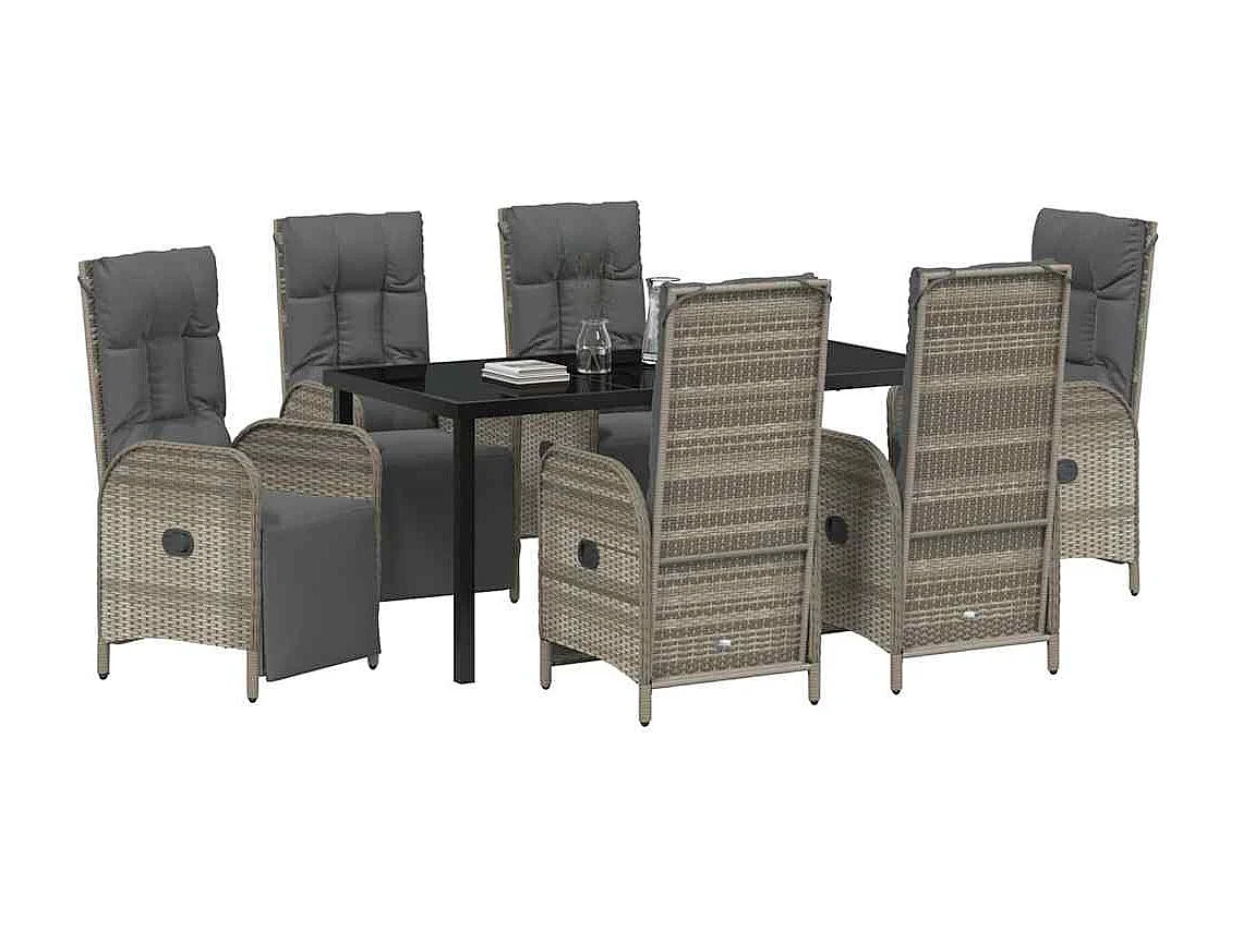 Ensemble de salle à manger de jardin de 7 pièces avec coussins en rattan poly gris