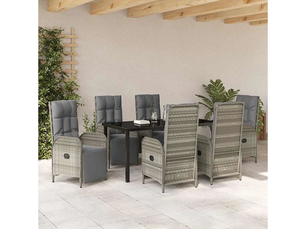 Ensemble de salle à manger de jardin de 7 pièces avec coussins en rattan poly gris