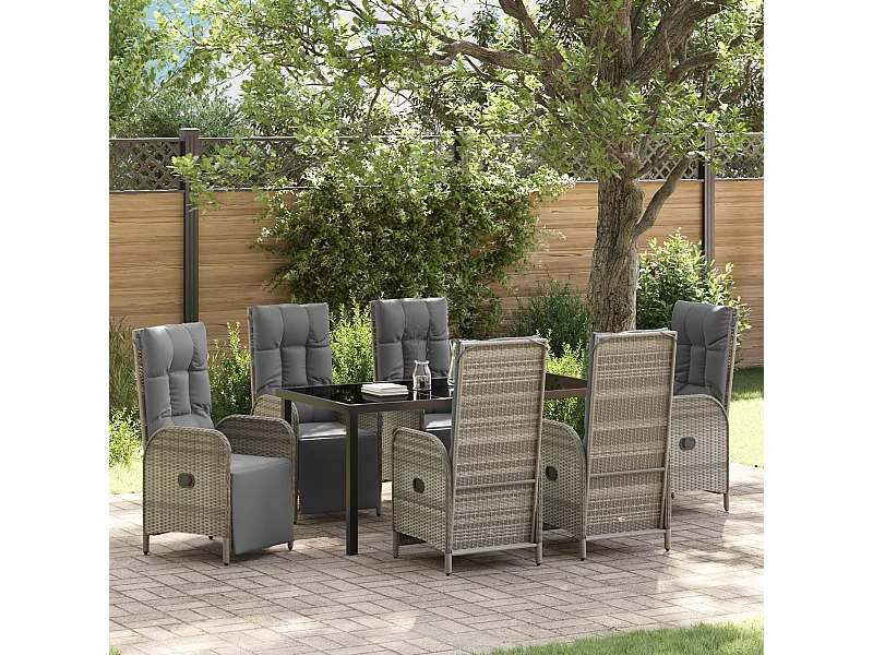 Set da pranzo da giardino da 7 pezzi con cuscini in polyrattan grigio