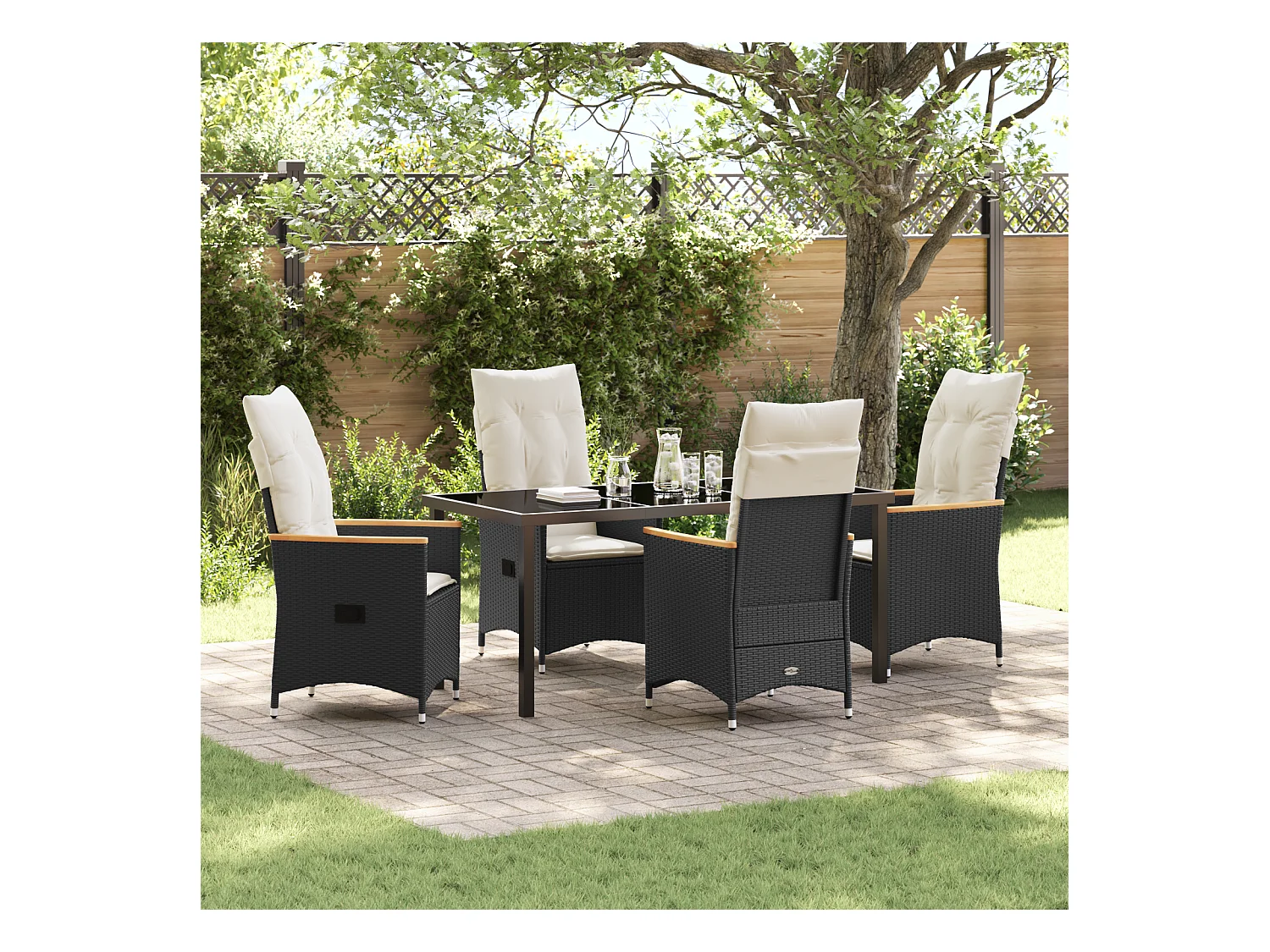 Ensemble de salle à manger de jardin de 5 pièces avec coussins en poly résine noire
