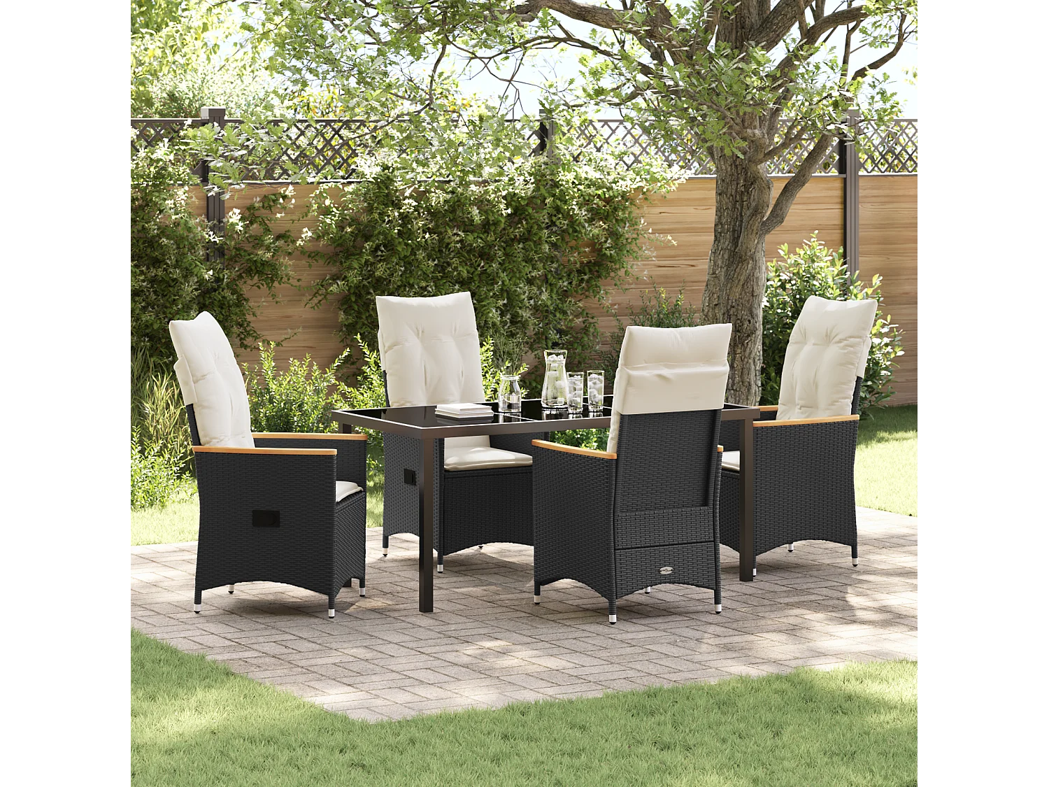 Ensemble de salle à manger de jardin de 5 pièces avec coussins en poly résine noire