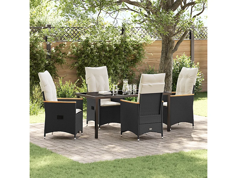 Set da pranzo da giardino 5 pezzi con cuscini in poliresina nera