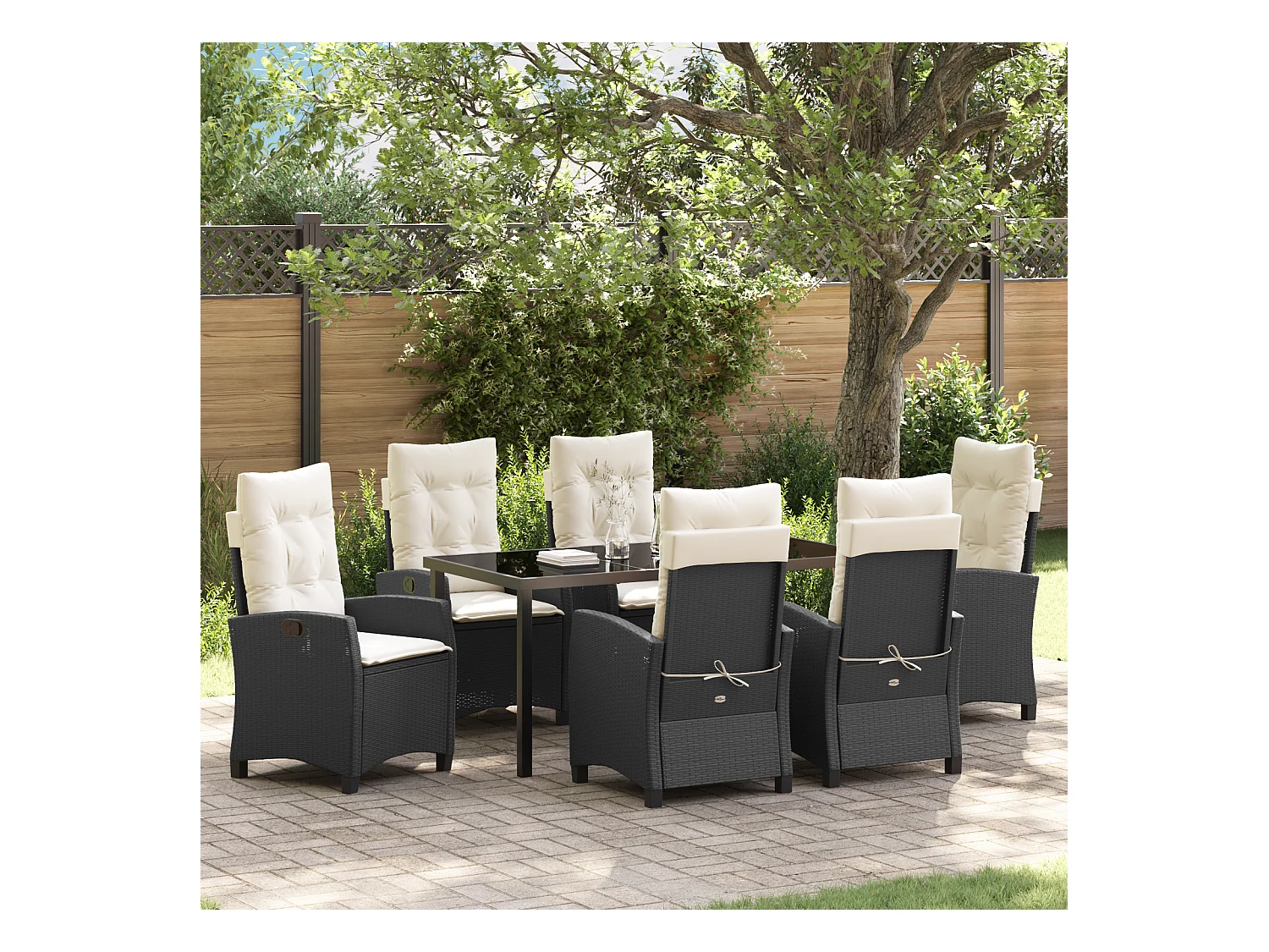 Set de repas de jardin de 7 pièces avec coussins - Poly Rattan noir