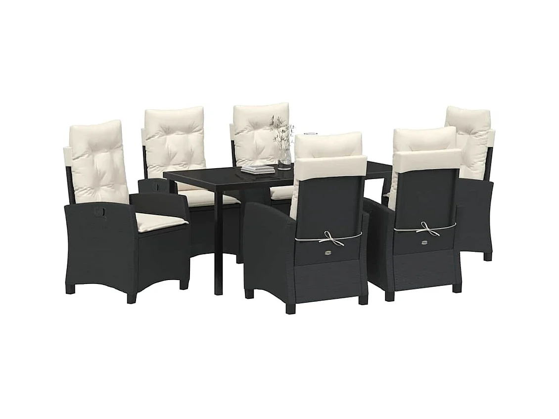 Set de repas de jardin de 7 pièces avec coussins - Poly Rattan noir