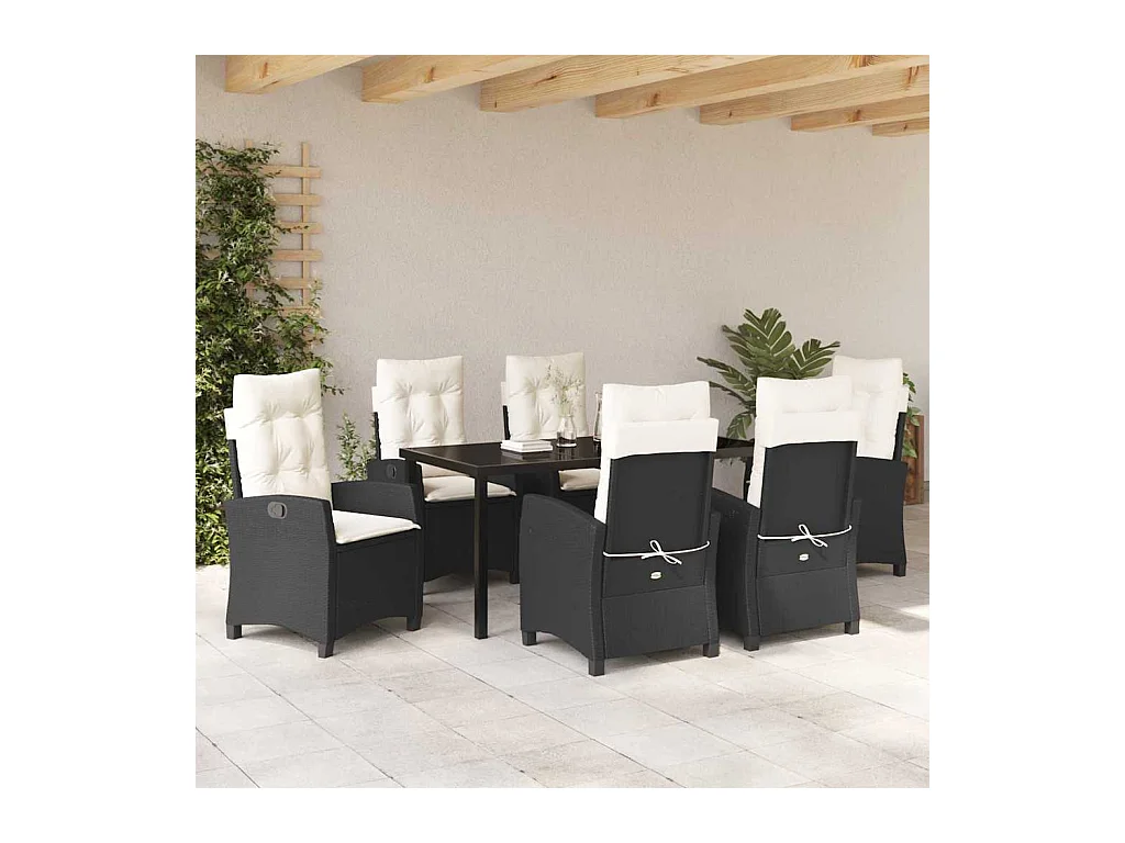 Set de repas de jardin de 7 pièces avec coussins - Poly Rattan noir