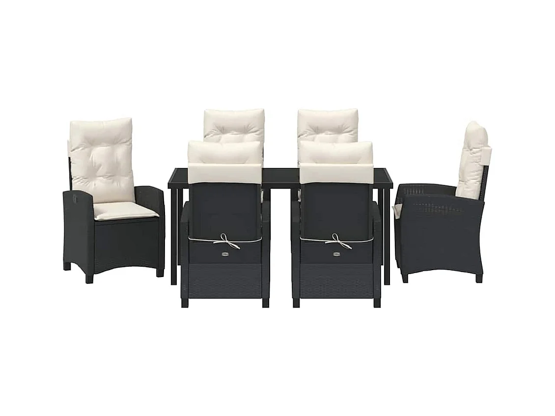 Set de repas de jardin de 7 pièces avec coussins - Poly Rattan noir
