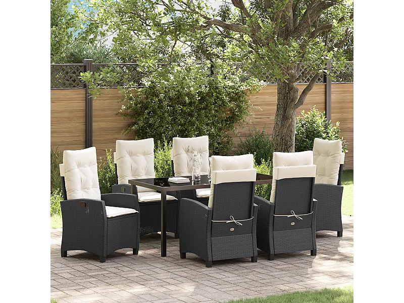 Set de repas de jardin de 7 pièces avec coussins - Poly Rattan noir