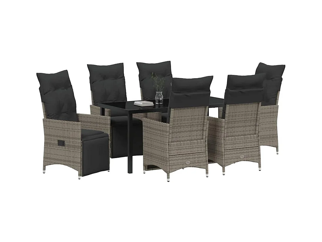 Set da pranzo da giardino da 7 pezzi con cuscini in polyrattan grigio