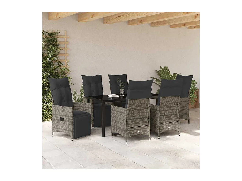 Set da pranzo da giardino da 7 pezzi con cuscini in polyrattan grigio