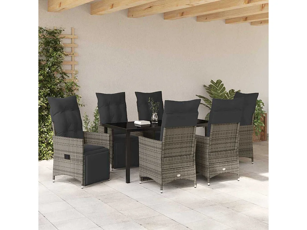 Ensemble de Salle à Manger de Jardin de 7 Pièces Avec Coussins Gris Poly Rattan