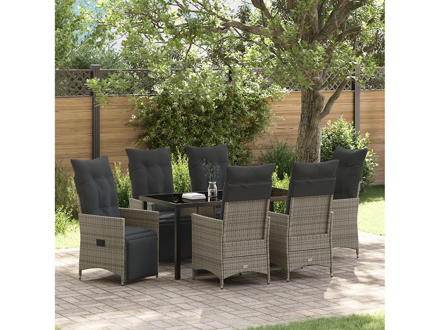 Ensemble de Salle à Manger de Jardin de 7 Pièces Avec Coussins Gris Poly Rattan