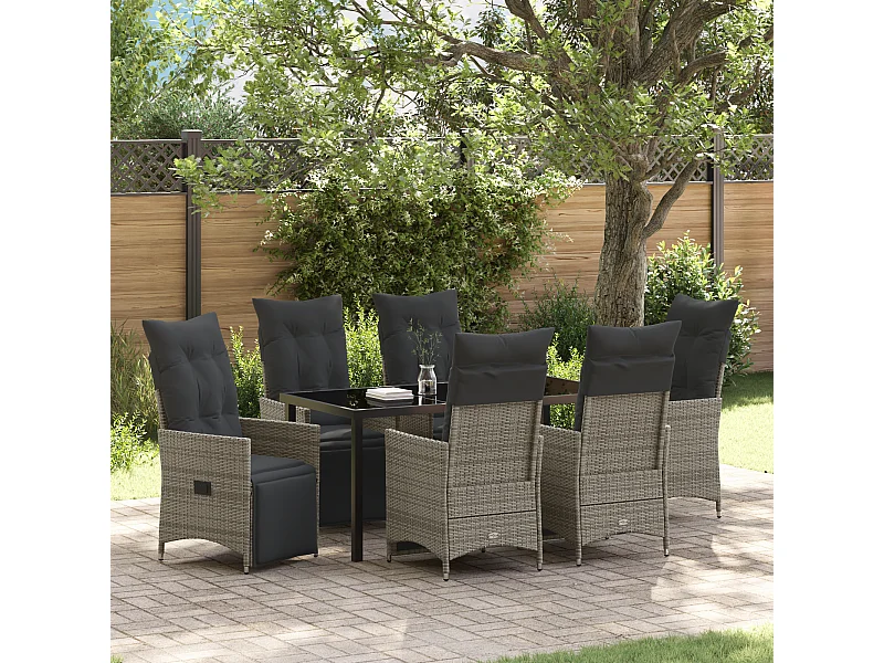 Set da pranzo da giardino da 7 pezzi con cuscini in polyrattan grigio