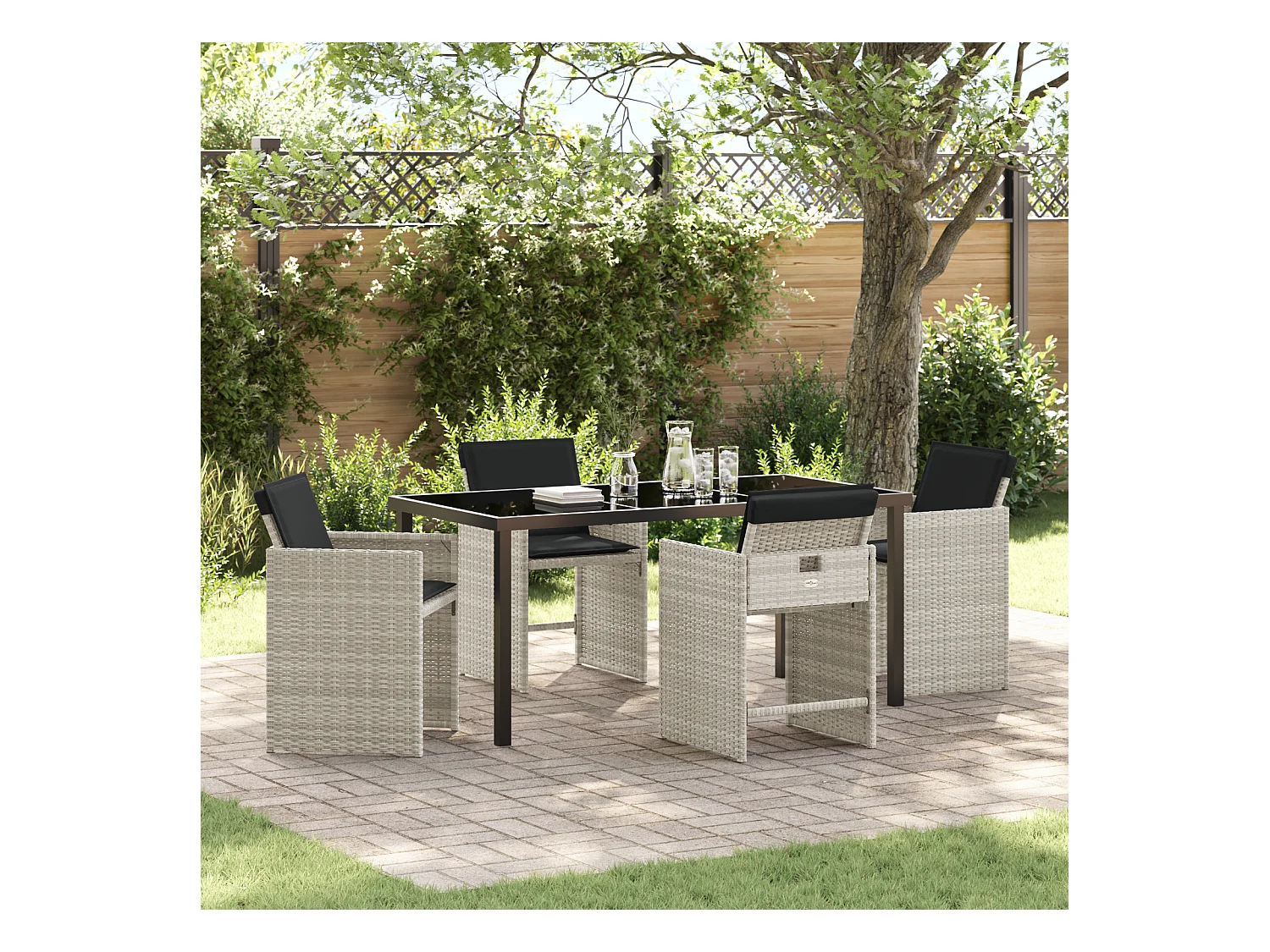 Set de salle à manger de jardin 5 pièces avec coussins Gris clair Poly Rattan