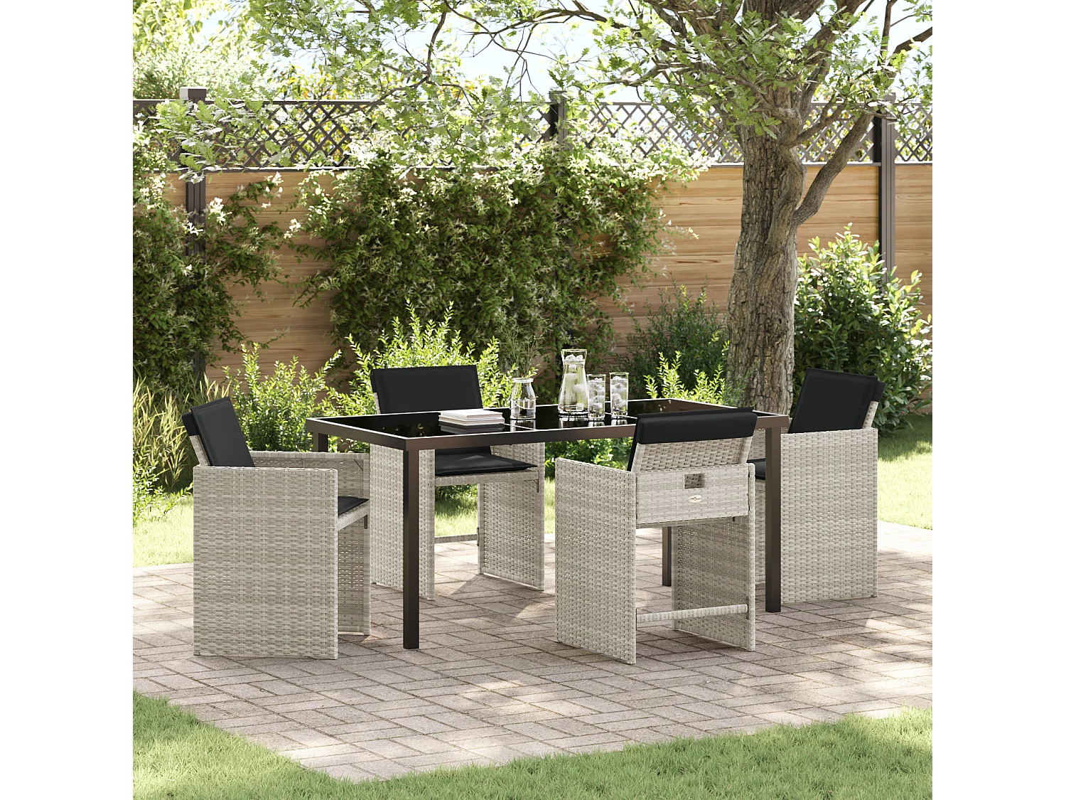 Set de salle à manger de jardin 5 pièces avec coussins Gris clair Poly Rattan