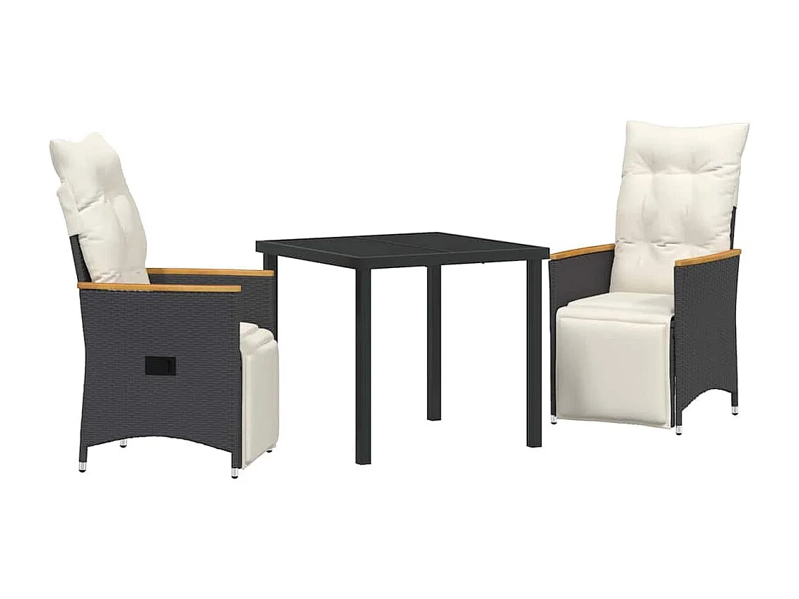 3-delige tuinset met kussens, zwart polyrotan