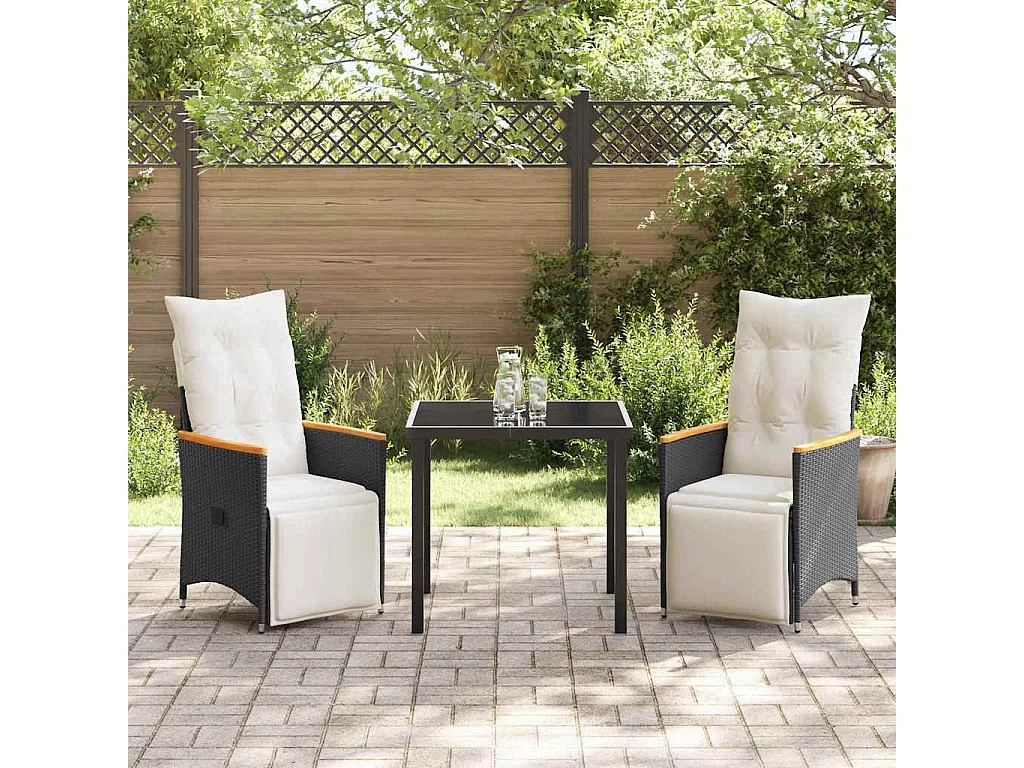 3-delige tuinset met kussens, zwart polyrotan