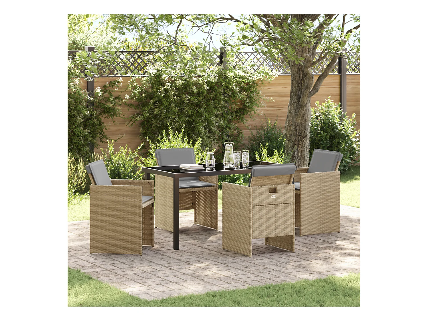 Set da pranzo da giardino 5 pezzi con cuscini in polyrattan beige