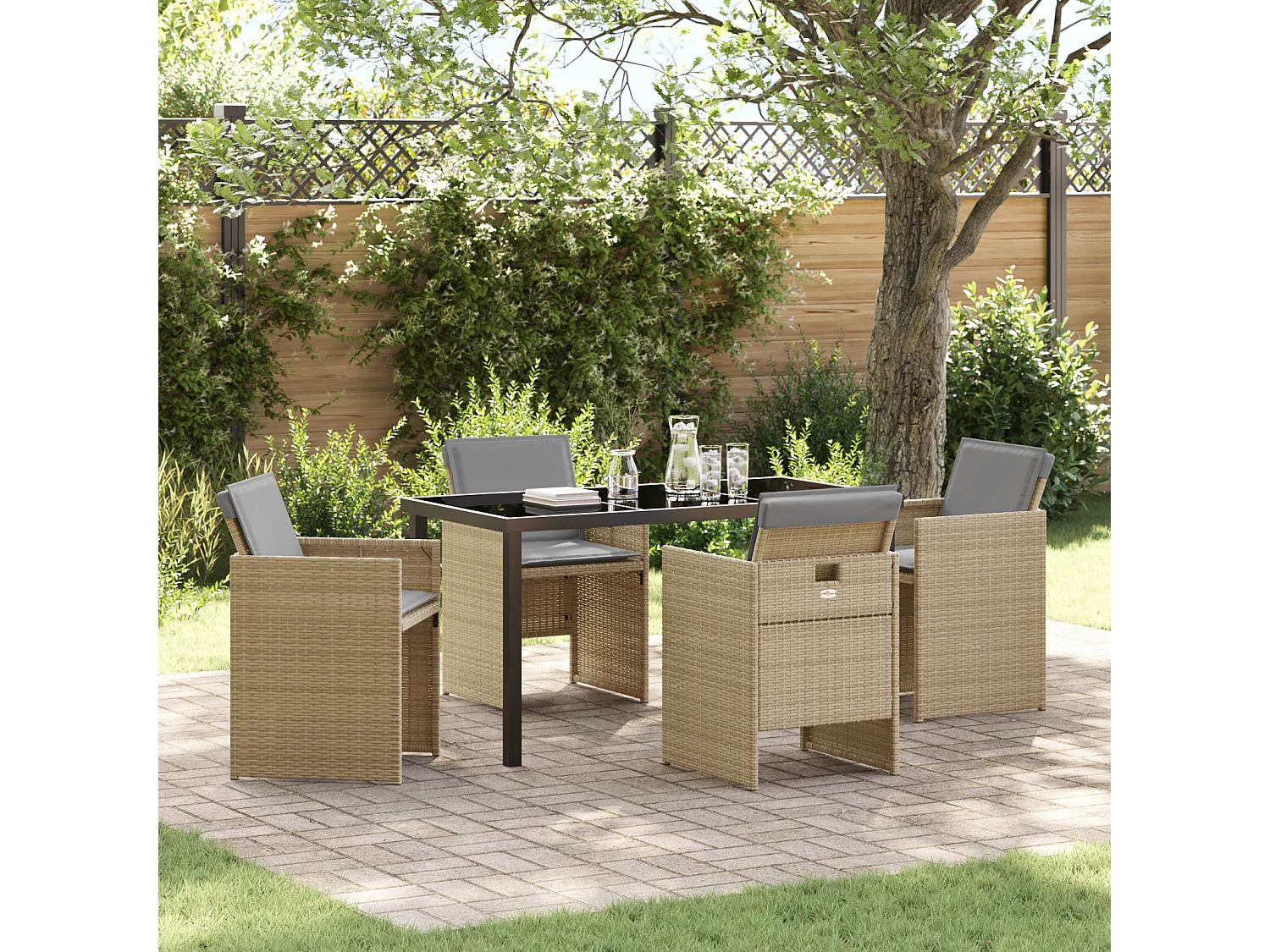 Ensemble de salle à manger de jardin 5 pièces avec coussins en rattan poly beige