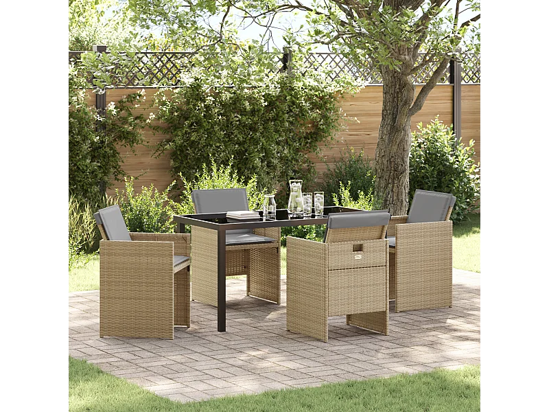 Ensemble de salle à manger de jardin 5 pièces avec coussins en rattan poly beige