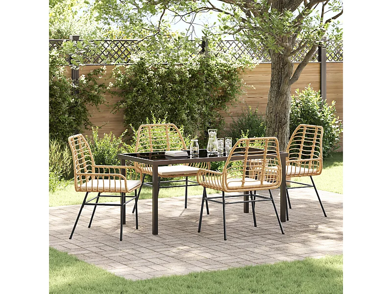 Ensemble de repas de jardin 5 pièces avec coussins marron en rotin poly