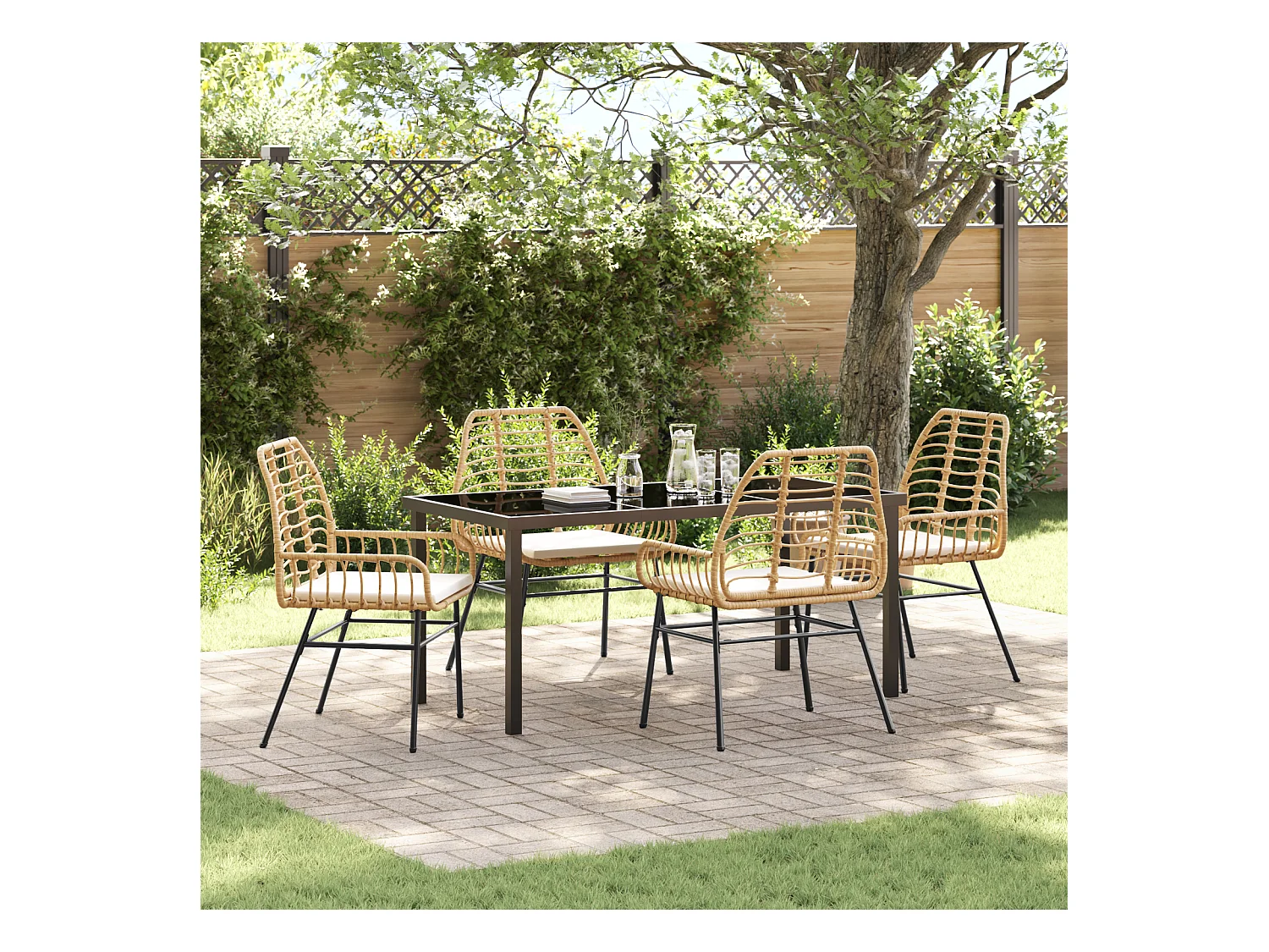 Ensemble de repas de jardin 5 pièces avec coussins marron en rotin poly