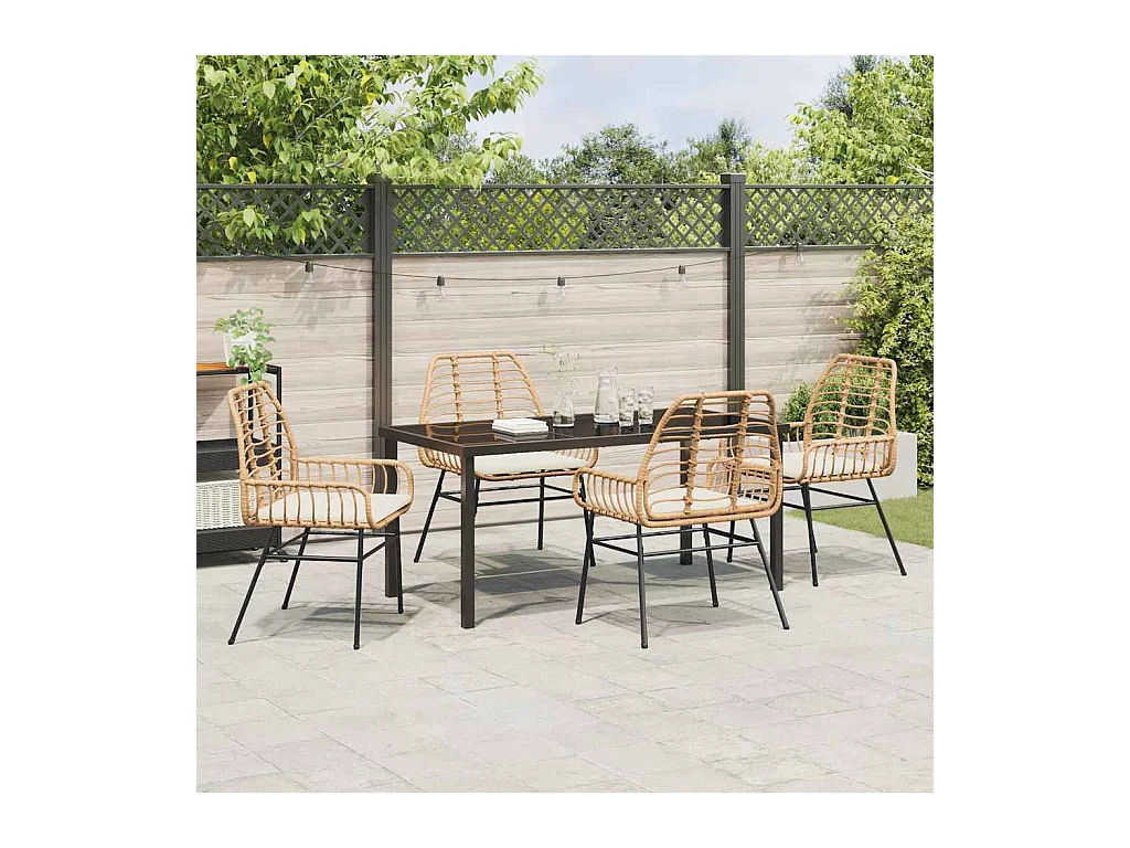 Ensemble de repas de jardin 5 pièces avec coussins marron en rotin poly