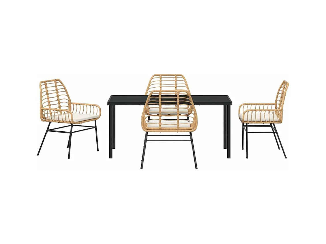 Ensemble de repas de jardin 5 pièces avec coussins marron en rotin poly