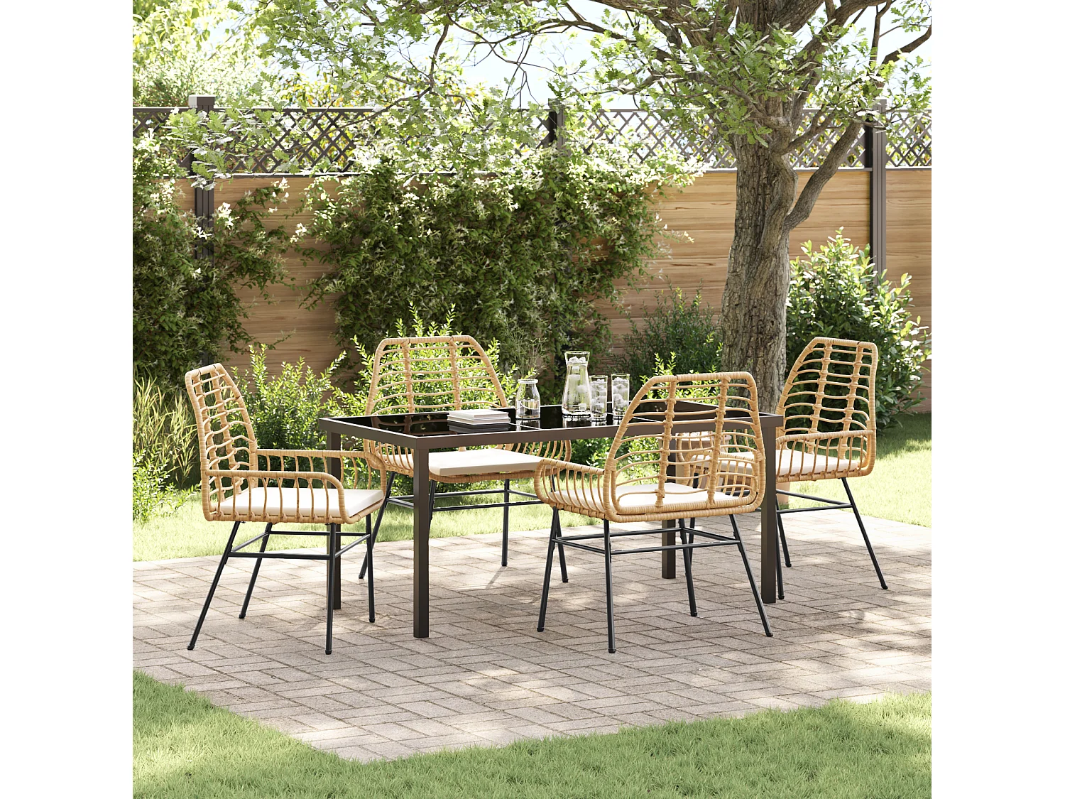 Ensemble de repas de jardin 5 pièces avec coussins marron en rotin poly