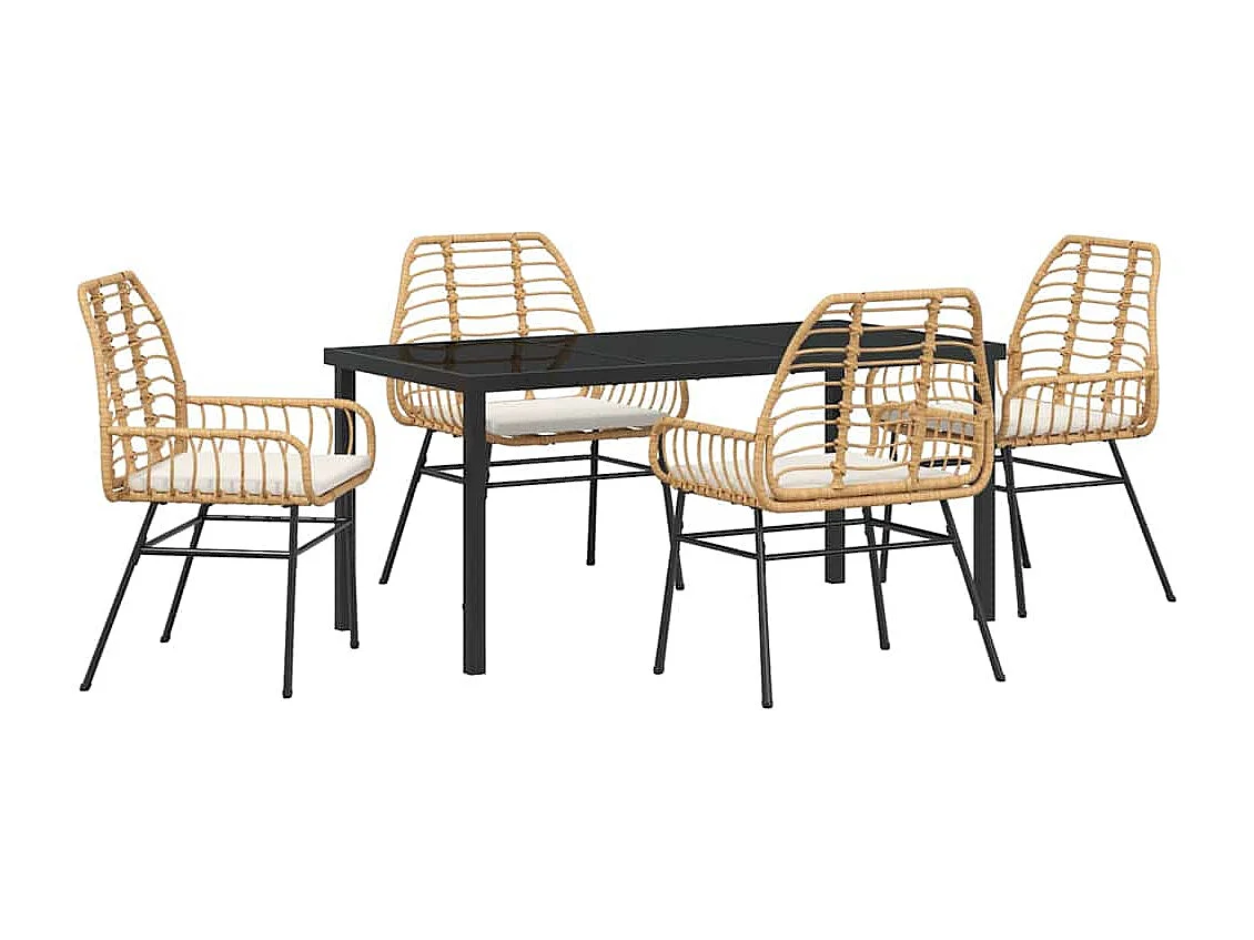 Ensemble de repas de jardin 5 pièces avec coussins marron en rotin poly