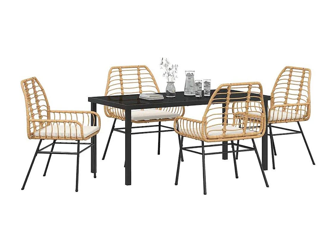 Ensemble de repas de jardin 5 pièces avec coussins marron en rotin poly