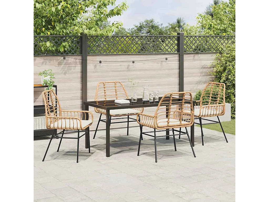 Ensemble de repas de jardin 5 pièces avec coussins marron en rotin poly