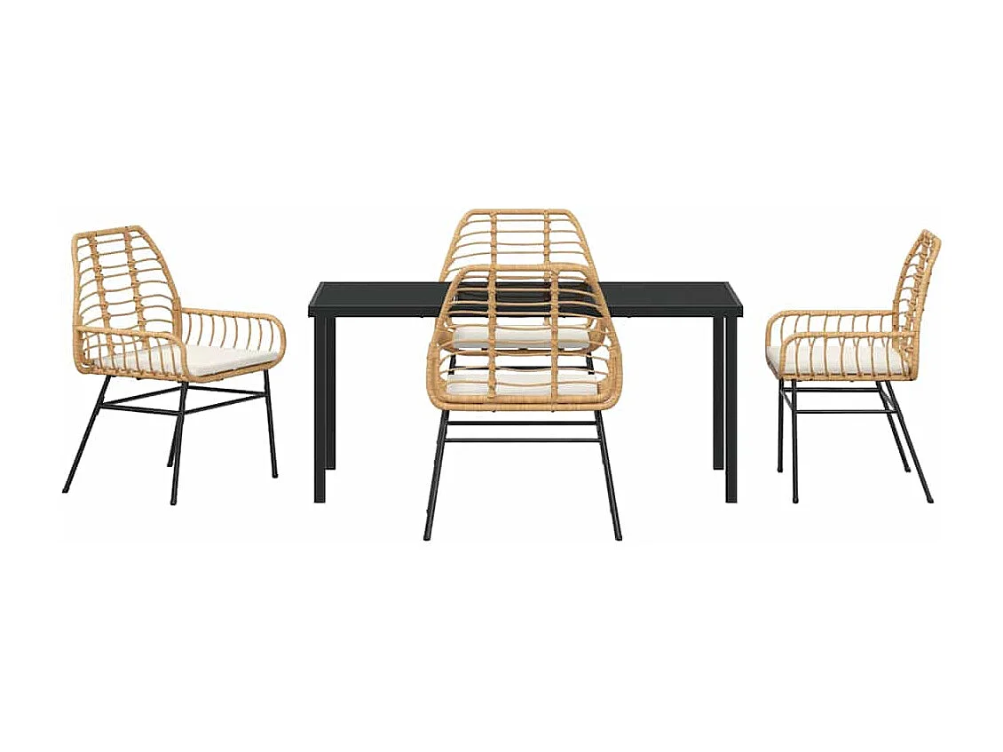 Ensemble de repas de jardin 5 pièces avec coussins marron en rotin poly