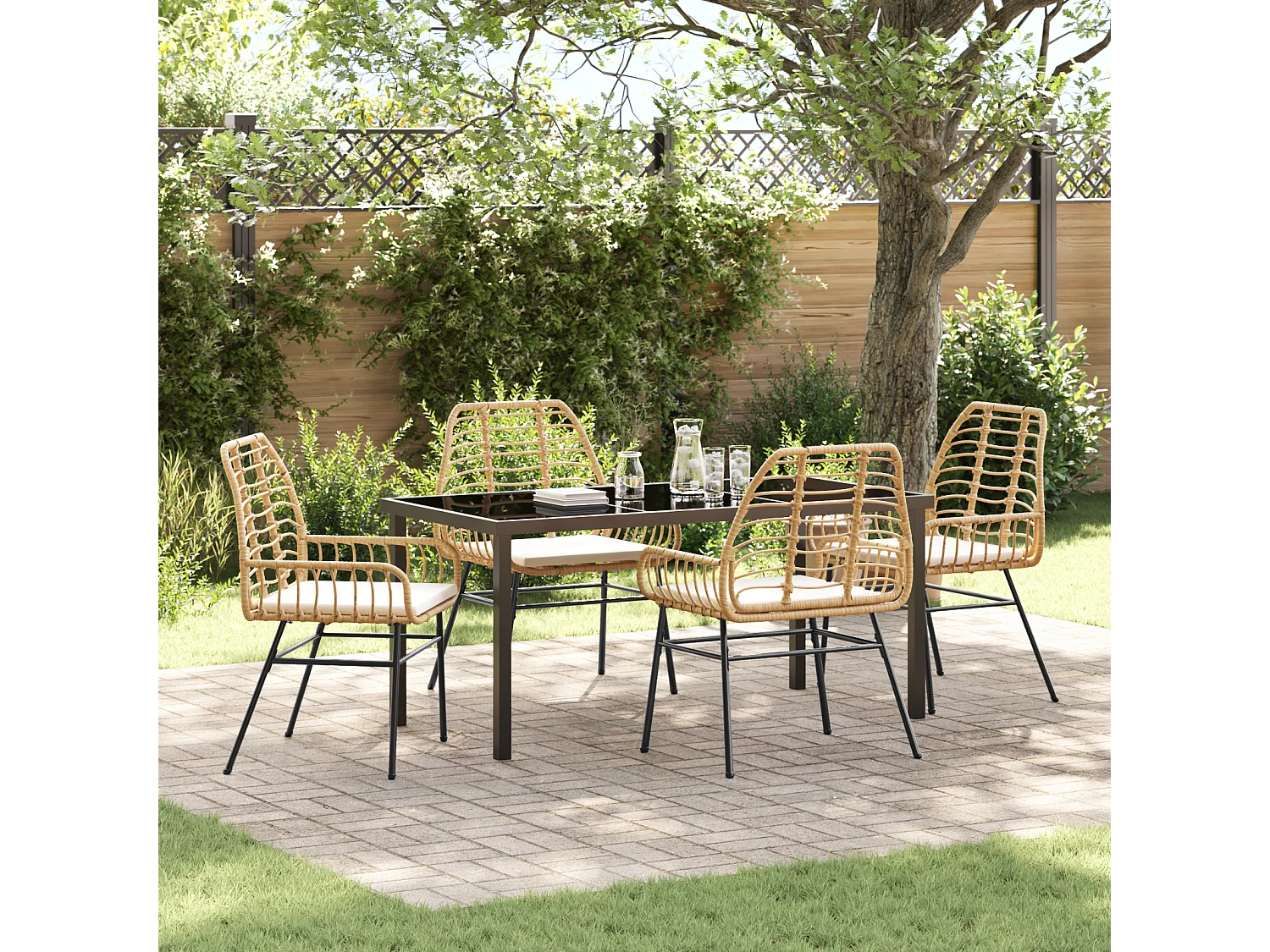 Ensemble de repas de jardin 5 pièces avec coussins marron en rotin poly