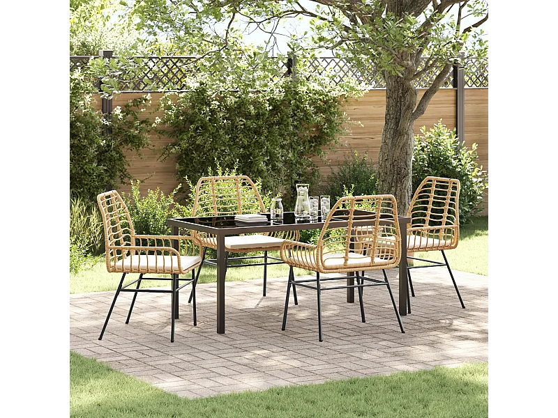 Ensemble de repas de jardin 5 pièces avec coussins marron en rotin poly