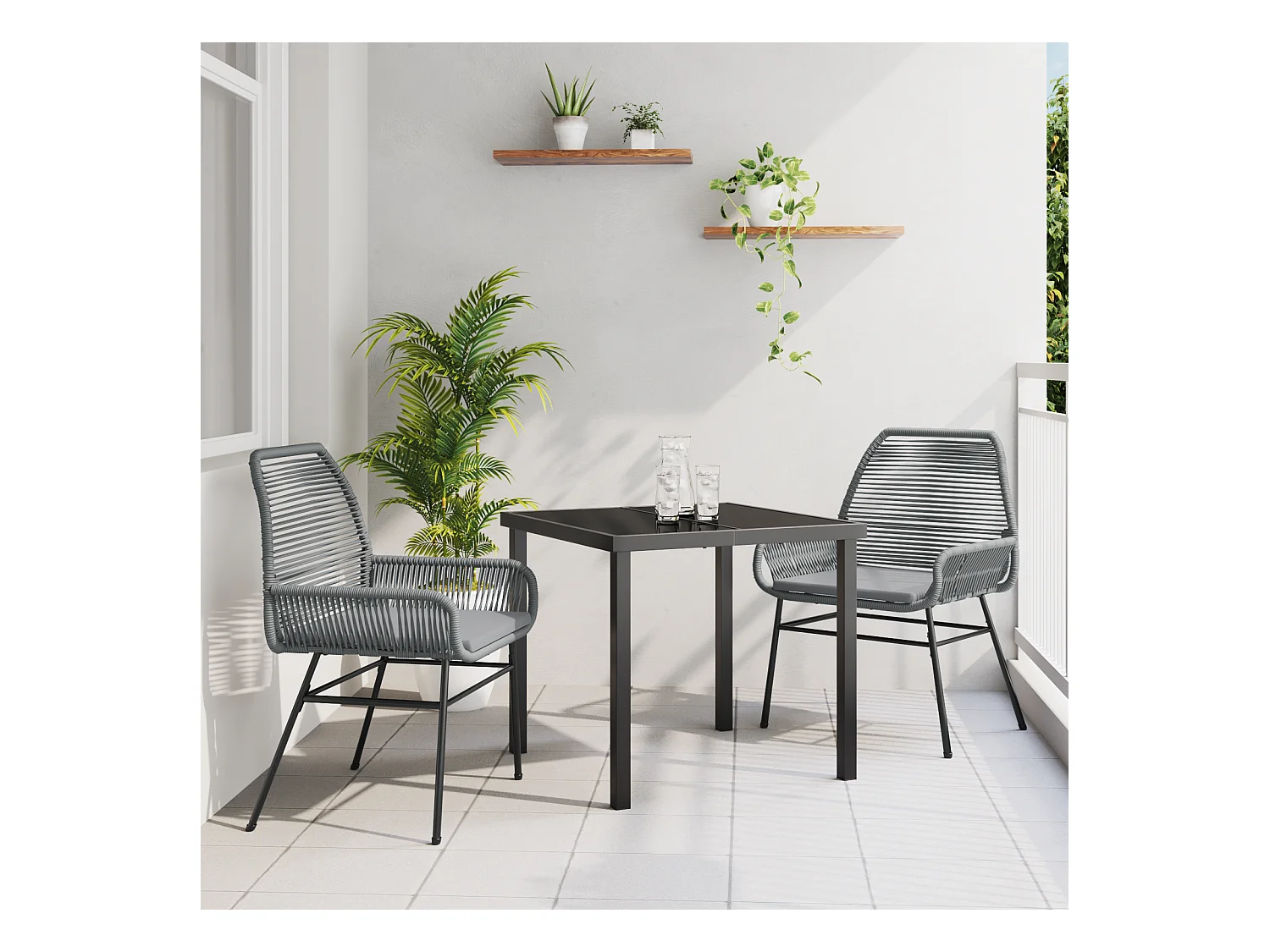 Ensemble de salle à manger de jardin 3 pièces avec coussins Gris en poly rotin